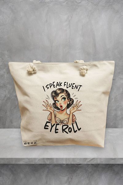BEKZ Geanta de plaja, model I speak fluent eye roll, 40x51 cm, Crem, BEKZ®