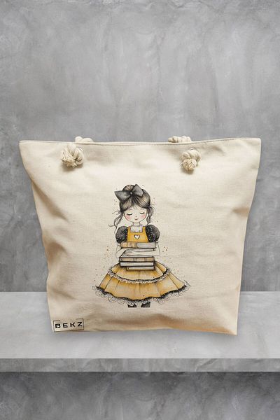 BEKZ Geanta de plaja, model The bookie girl 8, 40x51 cm, Crem, BEKZ®