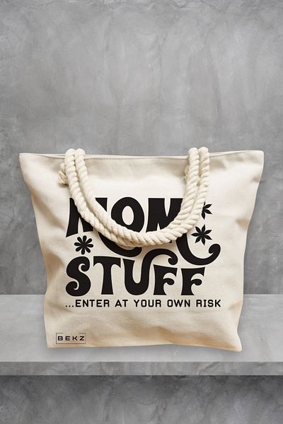BEKZ Geanta de plaja, model Mom stuff, enter at your own risk, 40x51 cm, Crem, BEKZ®