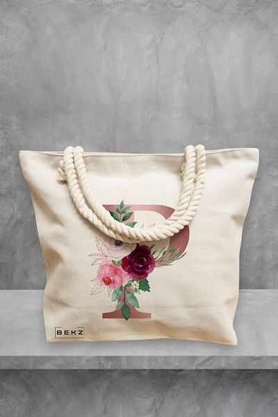 BEKZ Geanta de plaja, Cu litera P Rose Gold si Trandafiri, 40x51 cm, Crem, BEKZ®