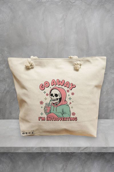 BEKZ Geanta de plaja, model Go away I’m introverting, 40x51 cm, Crem, BEKZ®