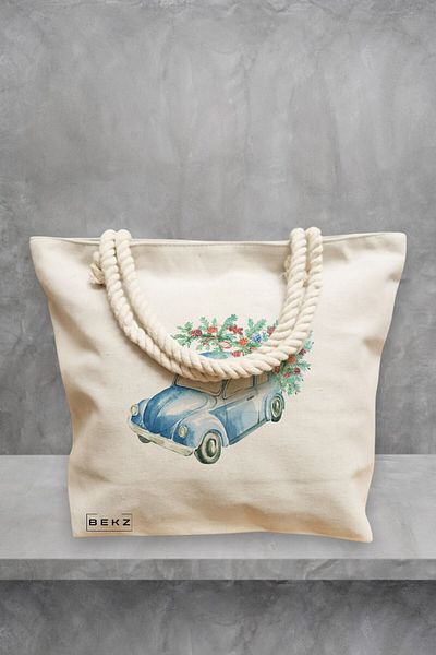 BEKZ Geanta de plaja, model Watercolor Car, 40x51 cm, Crem, BEKZ®