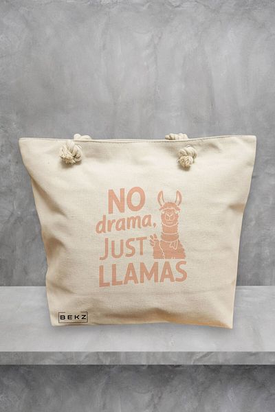 BEKZ Geanta de plaja, model No drama, Just llamas, 40x51 cm, Crem, BEKZ®