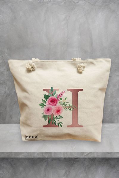 BEKZ Geanta de plaja, Cu litera H Rose Gold si Trandafiri, 40x51 cm, Crem, BEKZ®