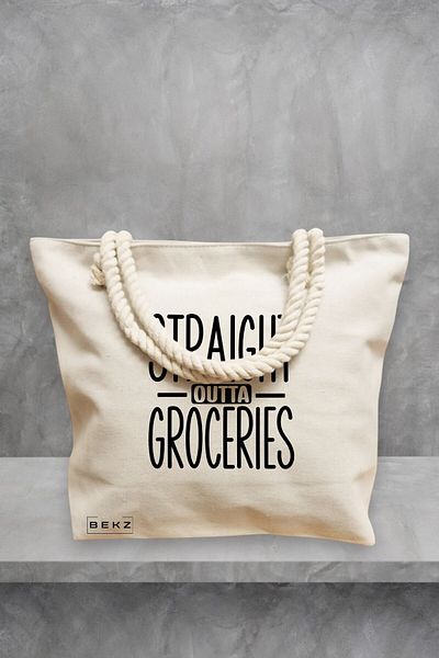 BEKZ Geanta de plaja, model Straight Outta Groceries, 40x51 cm, Crem, BEKZ®