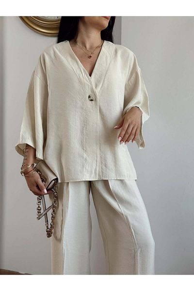 Lavanta Tekstil V Neck Single Button Kimono Pants Suit