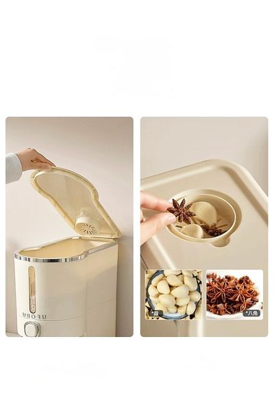 Living Plastic grain storage container, airtight, with a measuring spoon, in cream color.