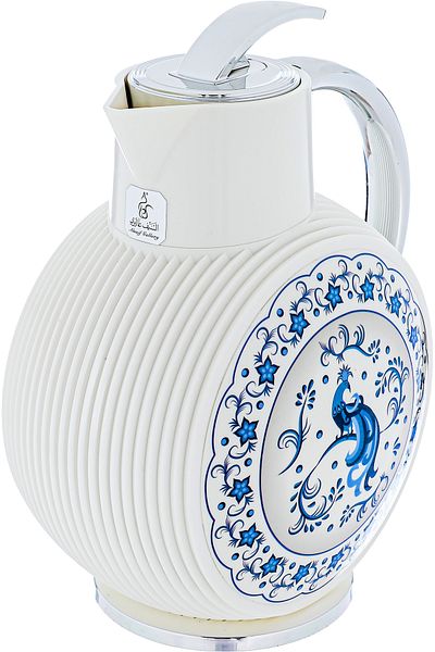 Alsaif Gallery Al Jawhara Thermos, White, Blue Peacock Pattern, Silver Handle, 0.9 Liters