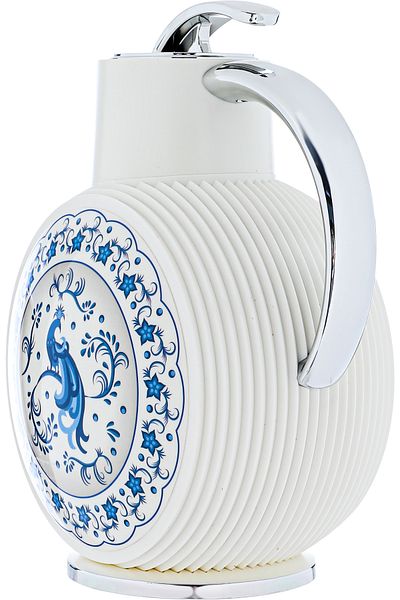 Alsaif Gallery Al Jawhara Thermos, White, Blue Peacock Pattern, Silver Handle, 0.9 Liters