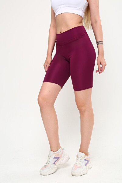 OPENDO Yüksek Bel Toparlayıcı Etki Kadın Cepli Bisikletçi Şort Tayt Mürdüm