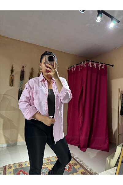 özgürmoda Kadın Kendinden Çizgili Oversize Gömlek