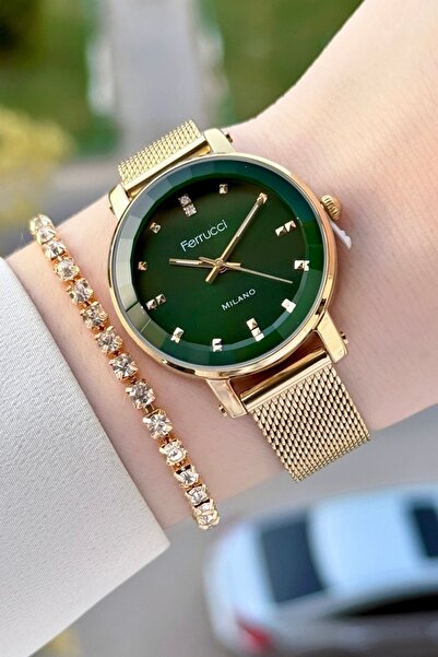 Ferrucci Kadranı Yeşil Kordonu Gold Renk Kadın Kol Saati ve Bileklik