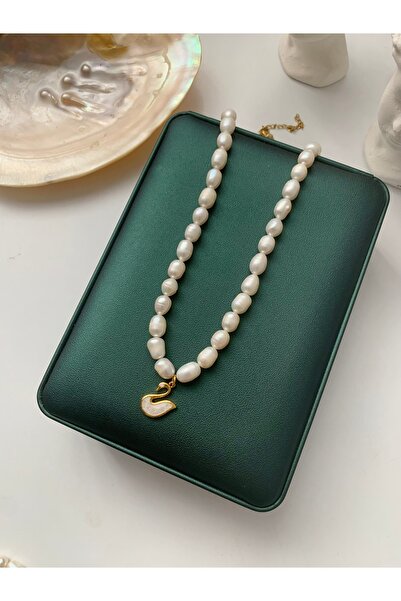 JOVİ ATELİER Sertifikalı Gerçek Doğal Beyaz Büyük Arpa Inci Kadın Kolye Çelik...