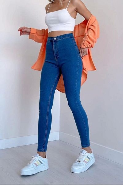 Harmony Light Blue High Waist Skinny Fit Jeans Lycra Pocketless Front Leggings Pants