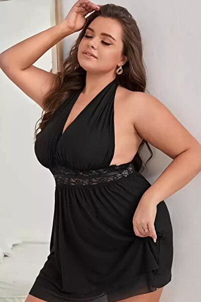 SAVAGEDOTH Women's Plus Size Women's Black Tulle Nightdress – Sexy Design with Elegant Lace Detail