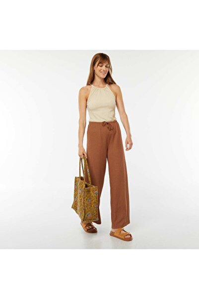 KIABI Waffle-knit wide-leg trousers BROWN
