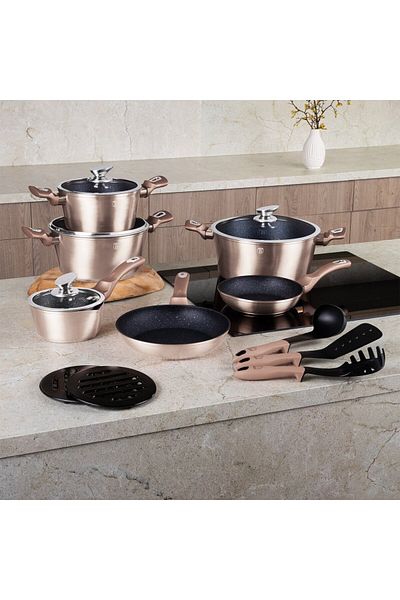Berlinger Haus Marbled Pot Set Rose Gold Metallic Line 15 Pieces Bh 1224n