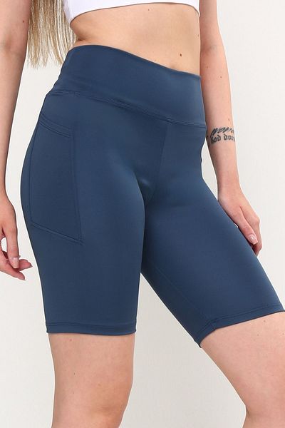 OPENDO Pantaloni scurți de ciclism pentru femei cu talie înaltă cu efect de strângere, cu buzunare, albastru indigo