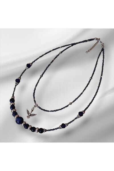 DEHNA Women's Phoenix Figured Necklace |   Blue Beaded Two Piece Clip Closure