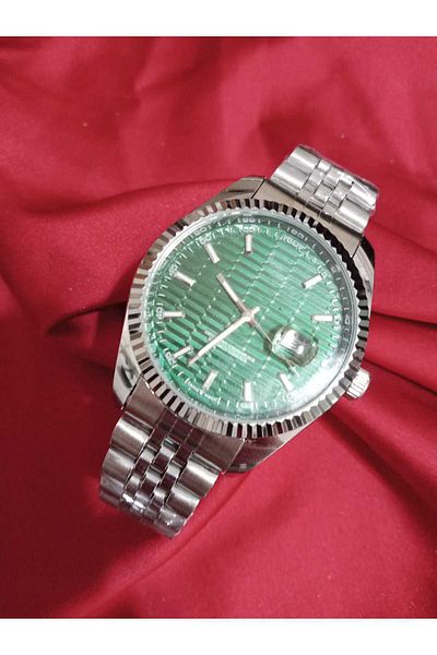 Brality Steel Band Men's Wrist Watch- Silver Case- Silver Color Band - Green Dial -6004