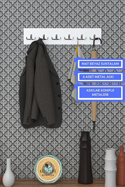 Kenzlife Askılık Tokadi Mat Beyaz Renk Suntalam 06 Adet Metal Krom Renk Portm...