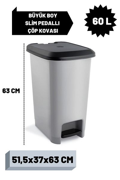 Mutfak Köşesi Κάδος απορριμμάτων μπάνιου-κουζίνας Vastbin 60L με πεντάλ γκρι με μαύρο καπάκι λεπτό σχέδιο