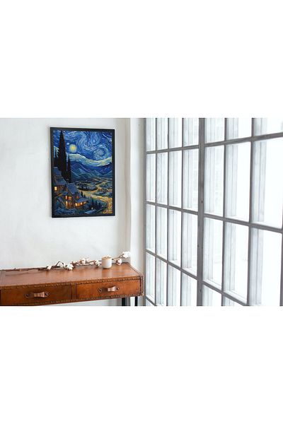 Arthopia Αφίσα Van Gogh And The Starry Nights Town με κορνίζα Υψηλής ποιότητας διακοσμητικό σχέδιο ζωγραφικής