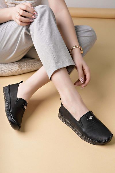 KOCAMANLAR Ayakdaş Saraç Detailed Transparent Sole Genuine Leather Women's Ballerina Shoes Black