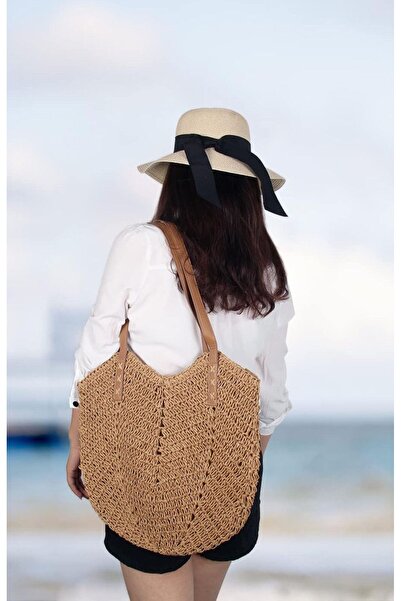 FASHION COCKTAIL Ψάθινη τσάντα παραλίας με δερμάτινο λουράκι μονής ώμου με επένδυση με τσέπη με φερμουάρ