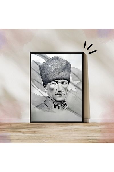Arthopia Μουσταφά Καμάλ Ατατούρκ Μολύβι Διακοσμητική Αφίσα Πλαισιωμένη Υψηλής Ποιότητας Σχεδιασμός Ζωγραφική