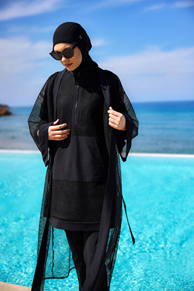 Marina Siyah Tül Kimono – Şık, Hafif Ve Tam Boy Tesettür Plaj Pareosu P2501-1