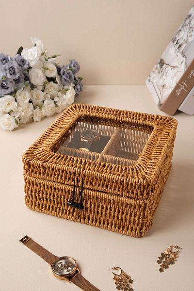 AVANTAGE HOME Mathilda - Rattan 4 Compartment Storage Box with Lid, Organizer, Organizer, Jewelry Box