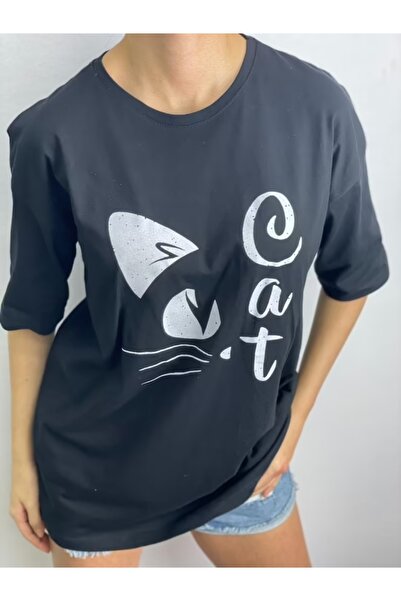 Ellit giyim Women's Black Cat Patterned Relaxed Fit T-Shirt