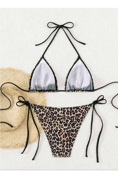 Stail Moda Комплект бикини с леопардов принт и връзки отстрани, за жени