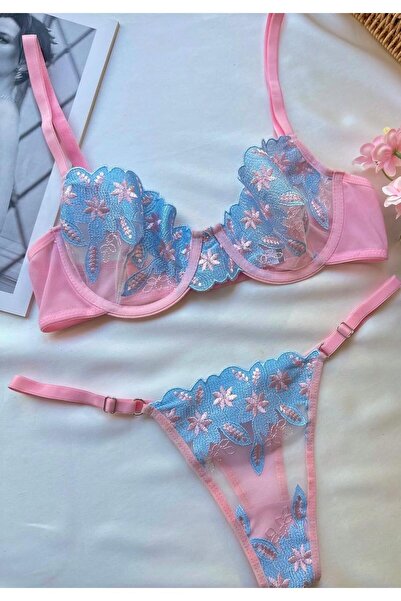 Pretty Pembe-Mavi Çiçekli Balenli Sütyen Takımı - Fantezi İç Giyim