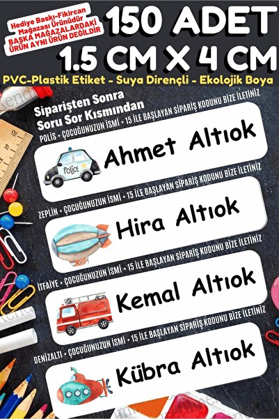 FİKİRCAN -isme Özel Okul Etiket Seti Sevimli Taşıtlar - 150 Adet - Ekolojik M...