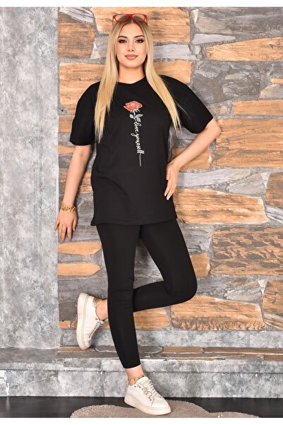 Gül Baskılı Oversize Kadın T-Shirt Bisiklet Yaka