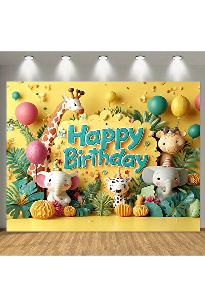 hdcw Χαρούμενα γενέθλια - Διακοσμητικό γενέθλια με θέμα τα χαριτωμένα ζώα, υφασμάτινο φόντο - 210cm X 150cm