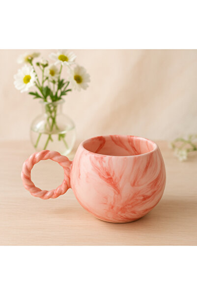 İZart Baloncuk Örgü Kulp Turuncu Ebruli Desenli Seramik Kupa