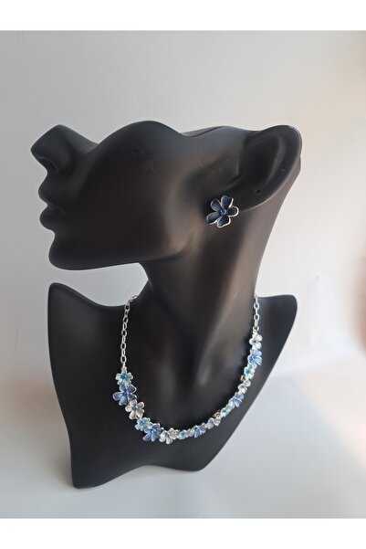 BHR AKSESUAR Mavi Çiçek Desenli Kolye ve Küpe Seti