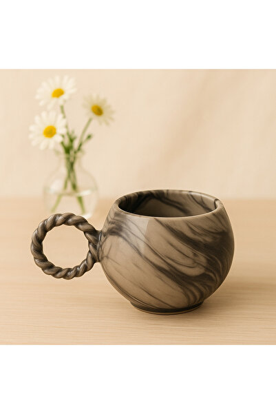 İZart كوب سيراميك بنمط رخامي أسود بمقبض محبوك باللون الفقاعي