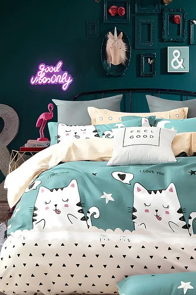 İQON Set cuvertură de pilota cu cearșafuri duble Cute Cats Petrol