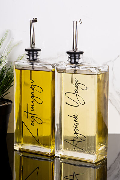 Dolkin Home İkili 500 ml Yağdanlık Gümüş Kapak Cam Yağdanlık Zeytinyağı Ve Ayçiçek Yağı Etiketli Sosluk Sirkelik
