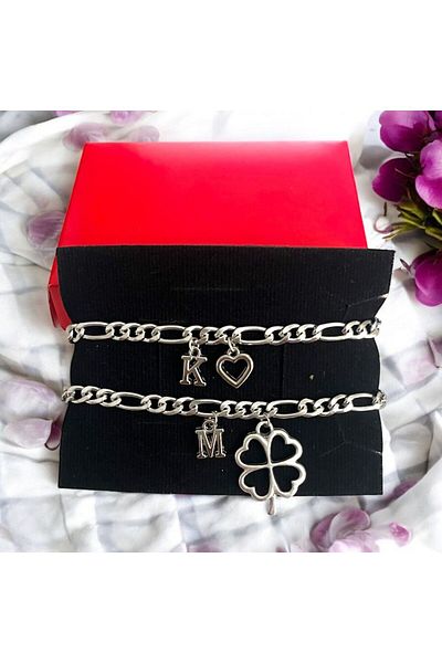 pofudukcase Letter Double Bracelet, Initial Letter Heart and Clover Detailed Steel Bracelet