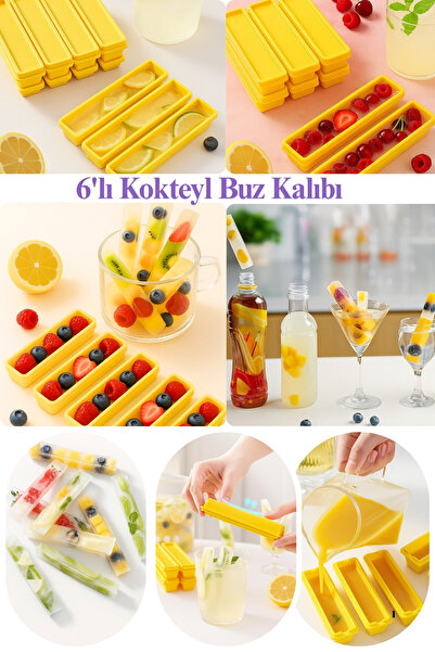 VİGENTİNO 6'lı Dikdörtgen Silikon Buz Kalıbı 6'lı Silikon French Fries Buzluk Kokteyl Sunum Buz Kalıbı 13cm