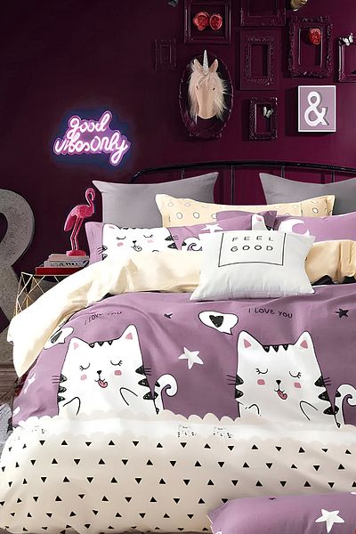 İQON Single Cute Cats - Σετ Παπλωματοθήκης Dried Rose Elastic