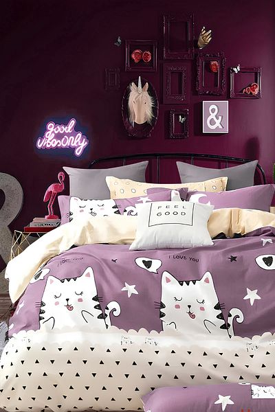 İQON Single Cute Cats - Σετ Παπλωματοθήκης Dried Rose Elastic
