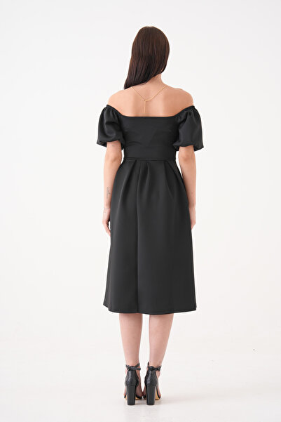 vuvutasarım Kadın Esnek Dalgıç Kumaş Kare Yaka Balon Kol Tasarım Siyah Midi Abiye Elbise 582613