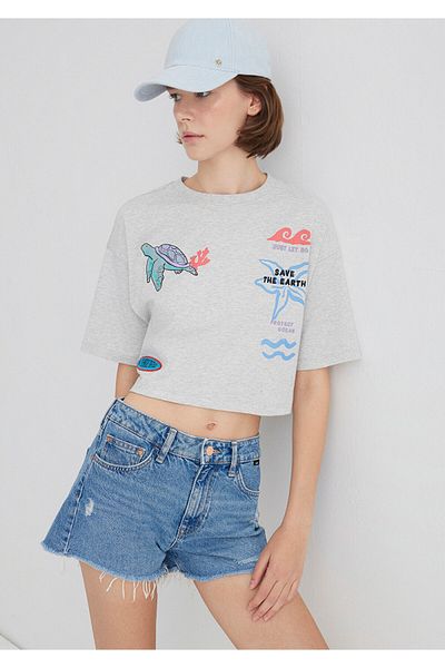 Mavi Indigo Turtles Printed Gray T-Shirt Crop / Short Cut 1613533-87033