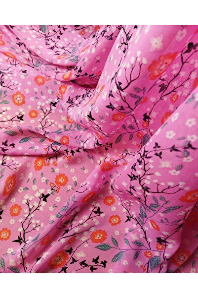 Kumaş Parça شيفون وردي فوشيا منقوش بالزهور اليابانية - ألوان أرجوانية، العرض:...